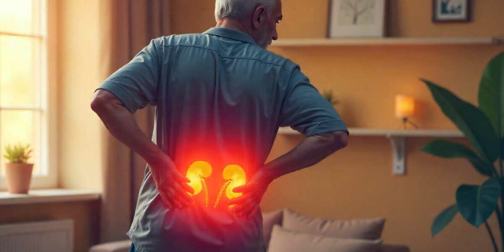 Un senior se tient le bas du dos, il souffre d'un problème de reins.