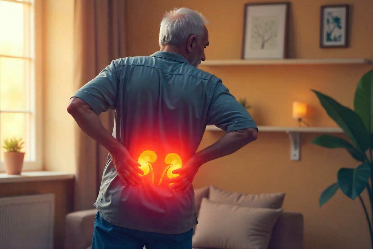 Un senior se tient le bas du dos, il souffre d'un problème de reins.