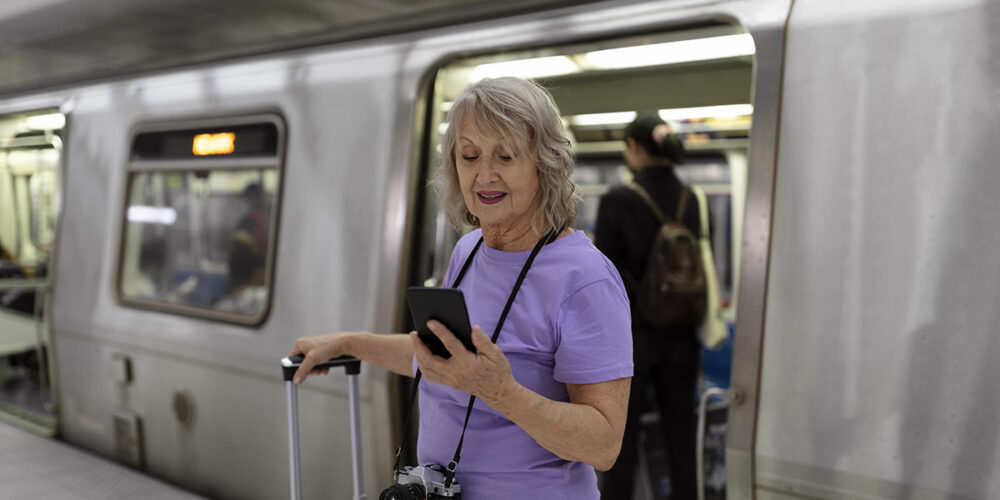 Femme sortant du train durant son circuit ferroviaire en Europe