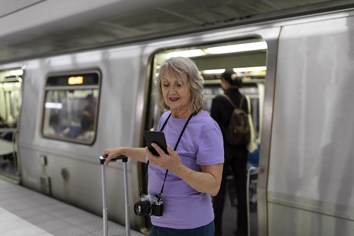 Femme sortant du train durant son circuit ferroviaire en Europe