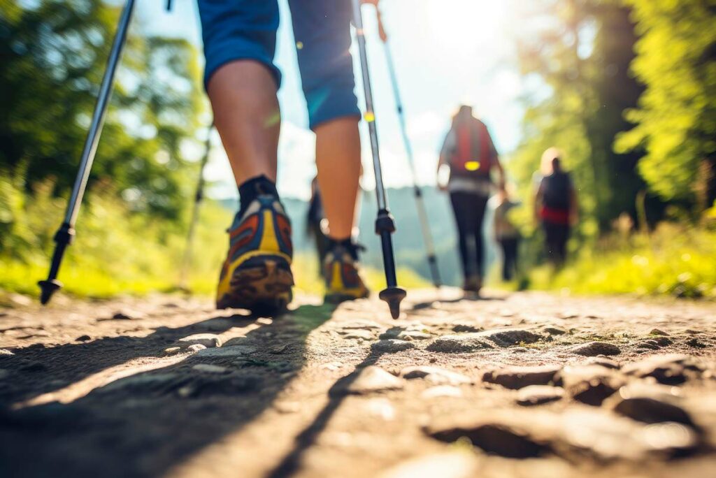 Personnes seniors qui pratiquent la marche nordique