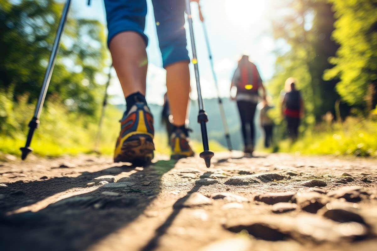Personnes seniors qui pratiquent la marche nordique
