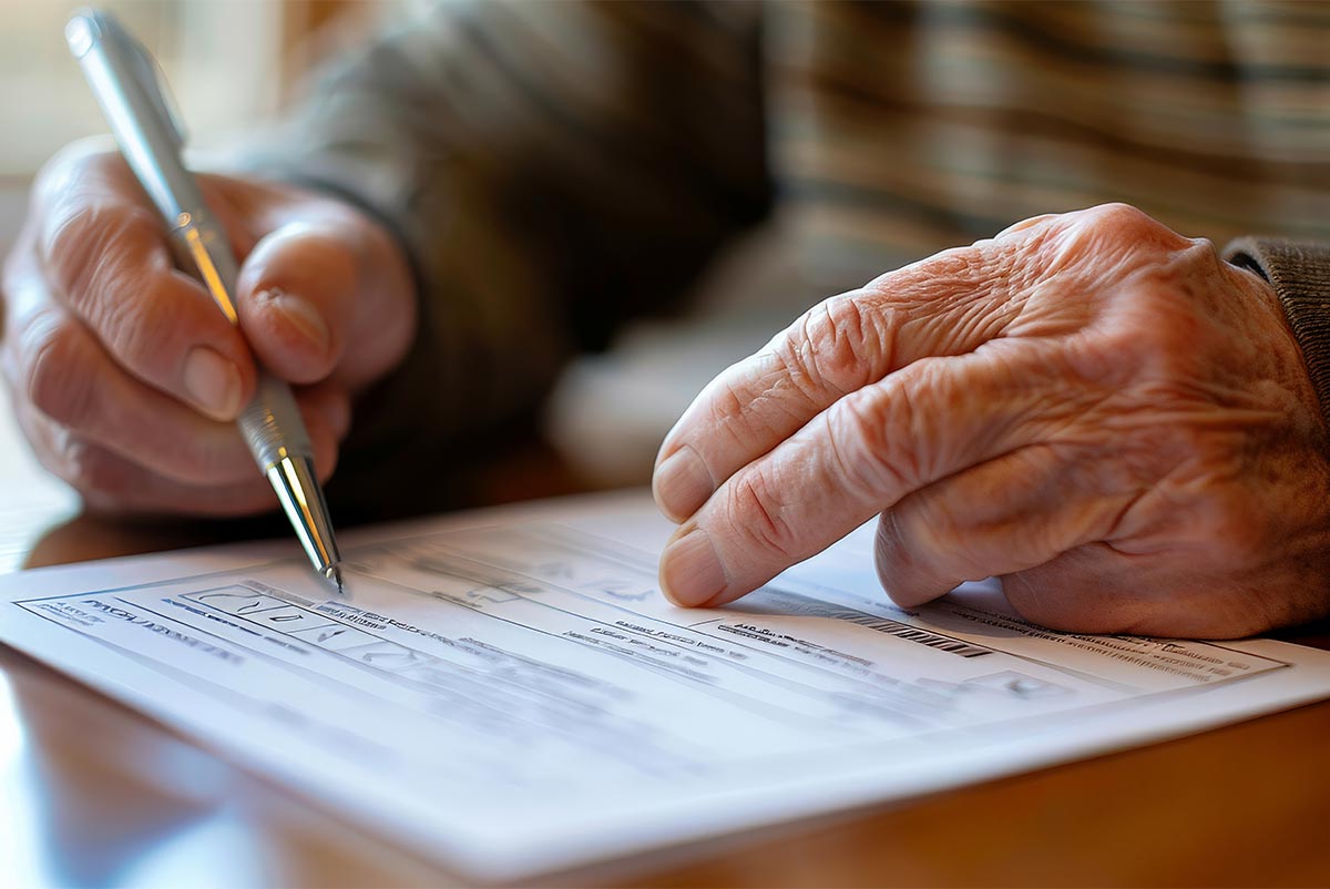 Senior qui complète sa déclaration d'impôt